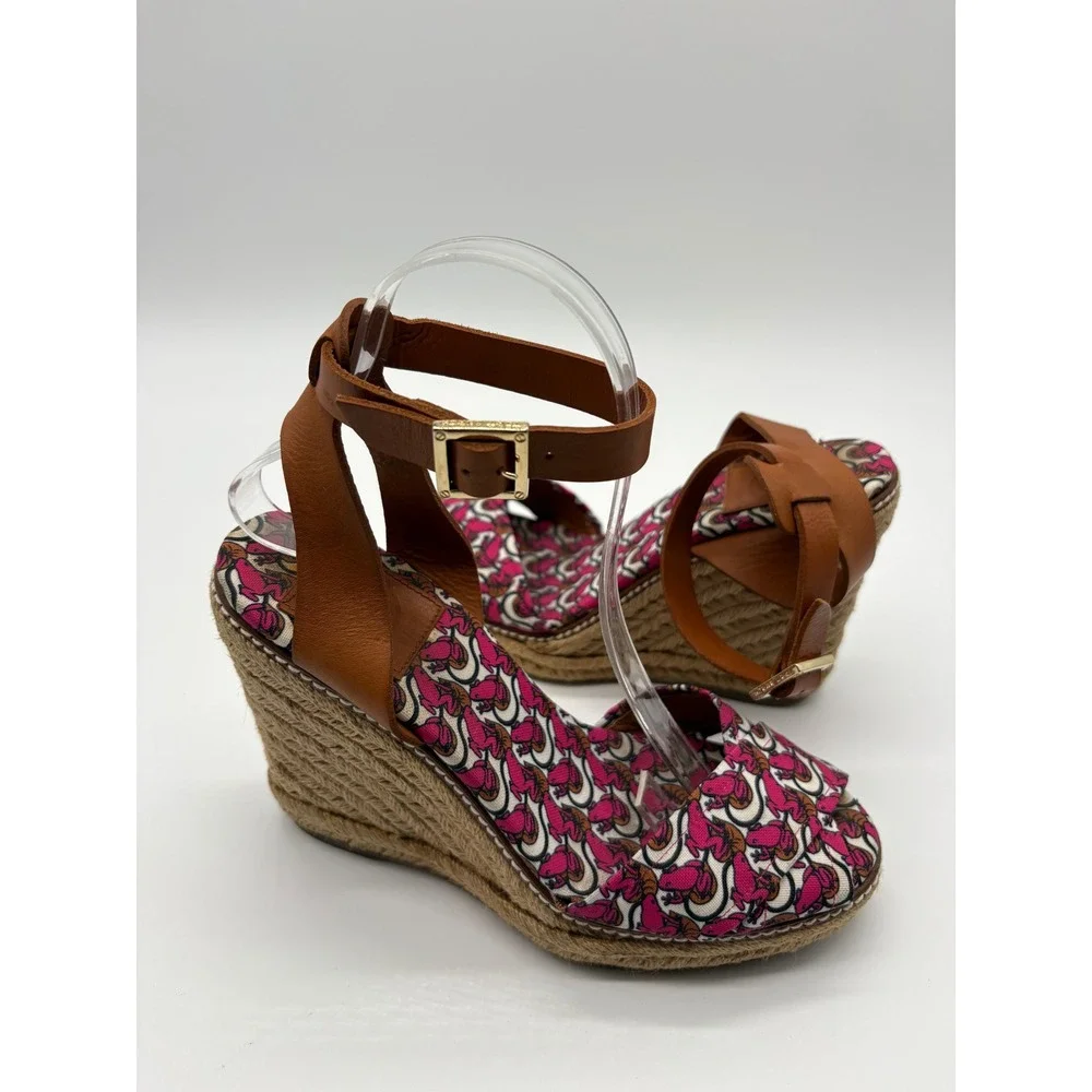 Tory Burch Espadrille Wedge Sandals Womens 8B Pink Tan Good Leather Canvas Spain